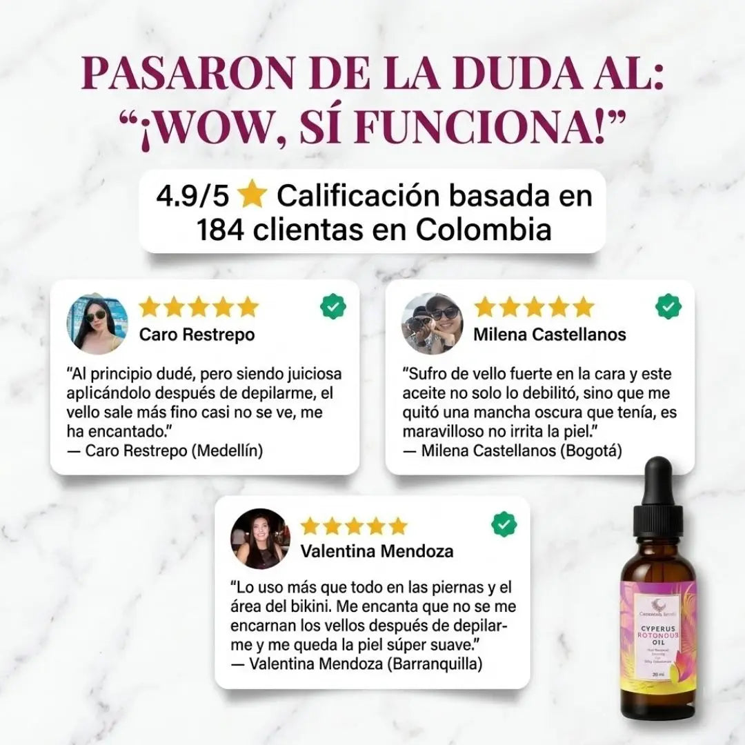 Opiniones y testimonios reales de mujeres en Colombia sobre la efectividad del aceite de Cyperus Rotundus de Caramela Beauty