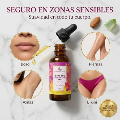 Zonas de uso del aceite Caramela Beauty: seguro para rostro (bozo), área del bikini, axilas y piernas en pieles delicadas.