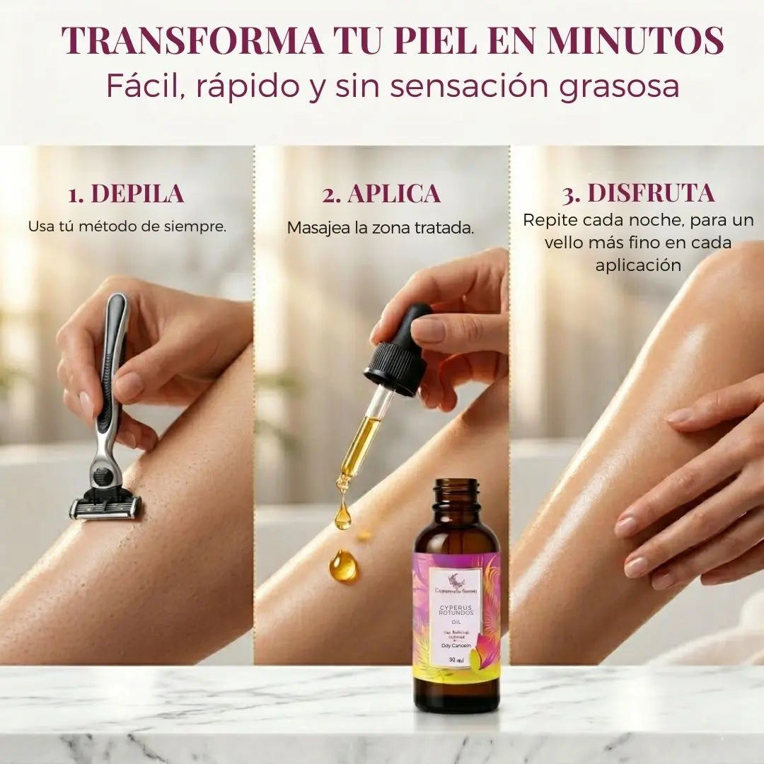 Cómo aplicar el aceite Caramela Cyperus en 3 pasos: depila o afeita, aplica el aceite y disfruta una piel de seda.