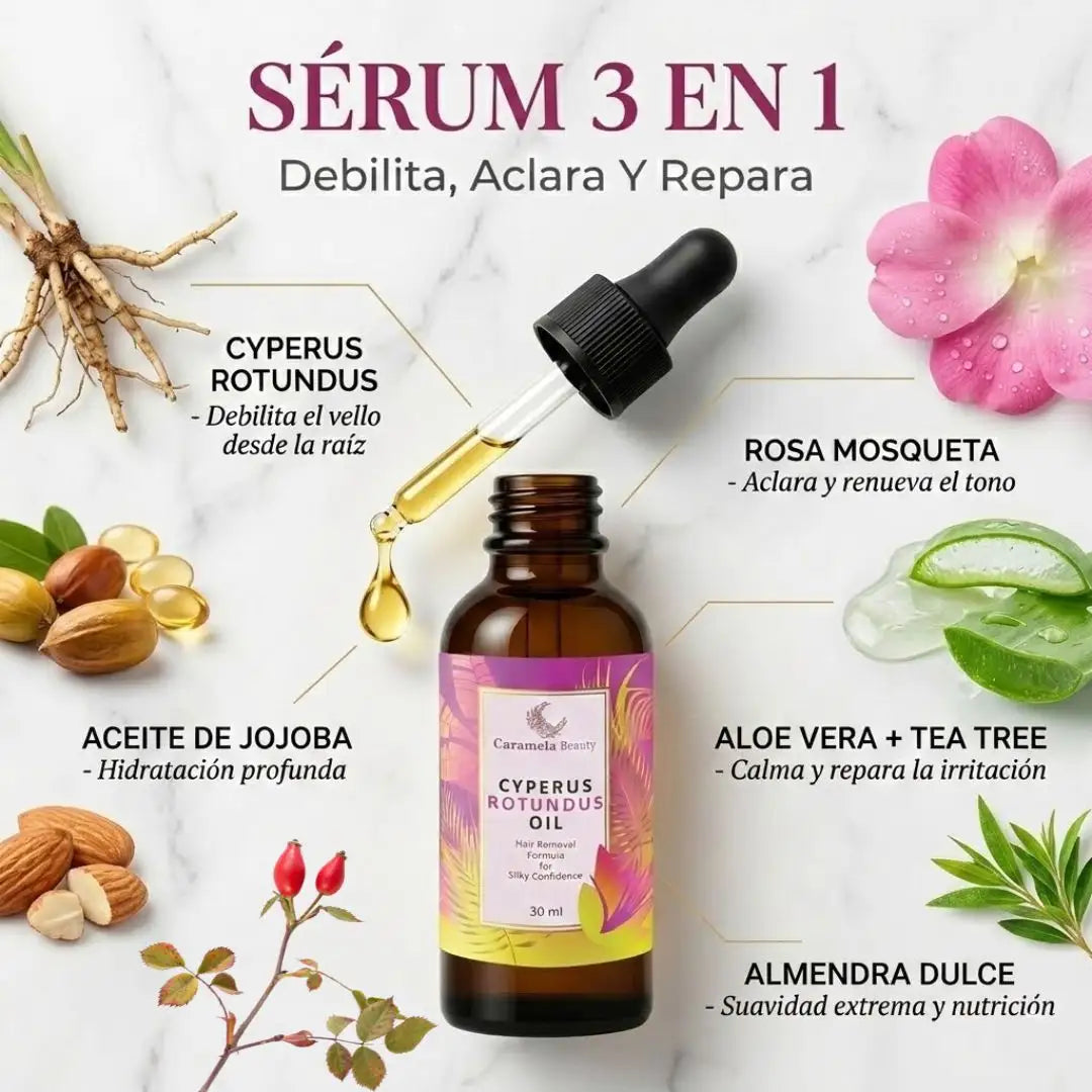 Ingredientes del sérum 3 en 1 Caramela: Cyperus para el vello, Rosa Mosqueta para aclarar y Aloe Vera para reparar la piel