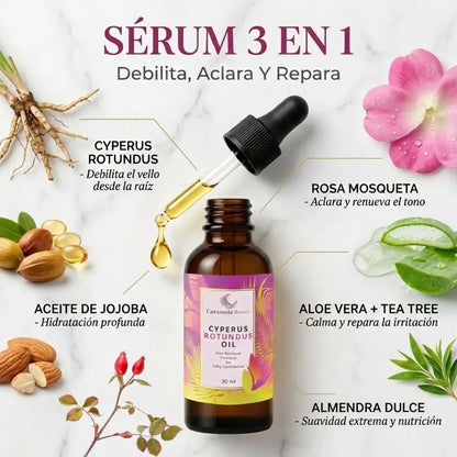 Ingredientes del sérum 3 en 1 Caramela: Cyperus para el vello, Rosa Mosqueta para aclarar y Aloe Vera para reparar la piel